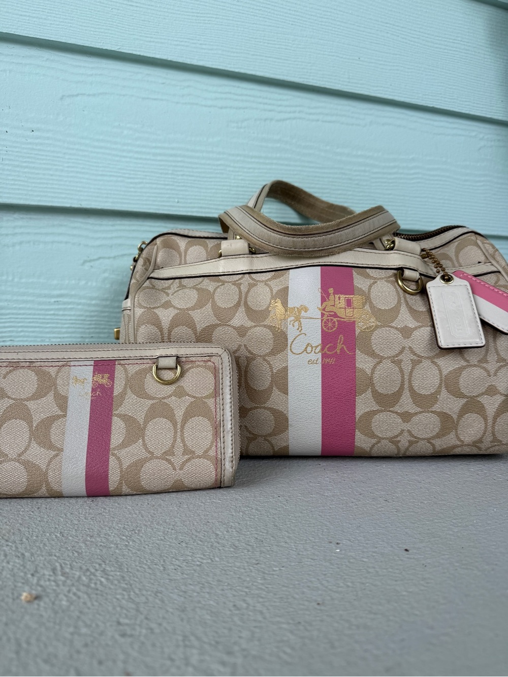 Authentic Coach Signature Satchel & Matching Zip Wallet Set Khaki Pink F18369